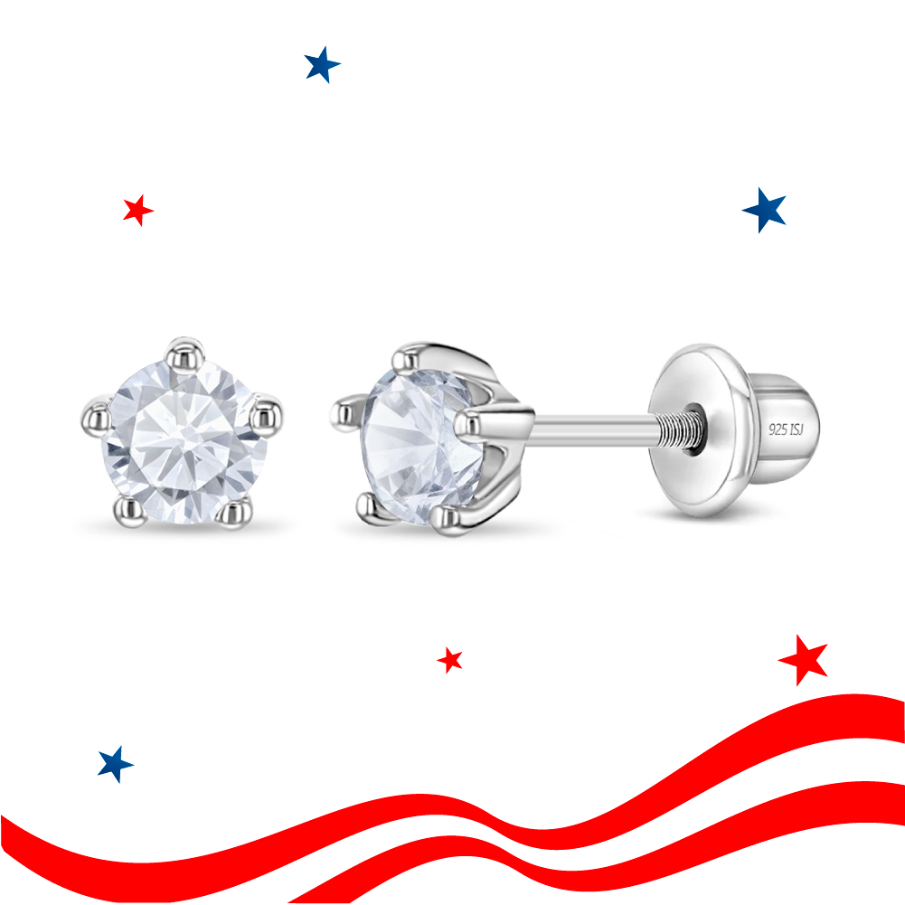 Classic CZ Birthstone Solitaire 4mm April Diamond Aries Baby / Toddler / Kids Earrings Screw Back - Sterling Silver