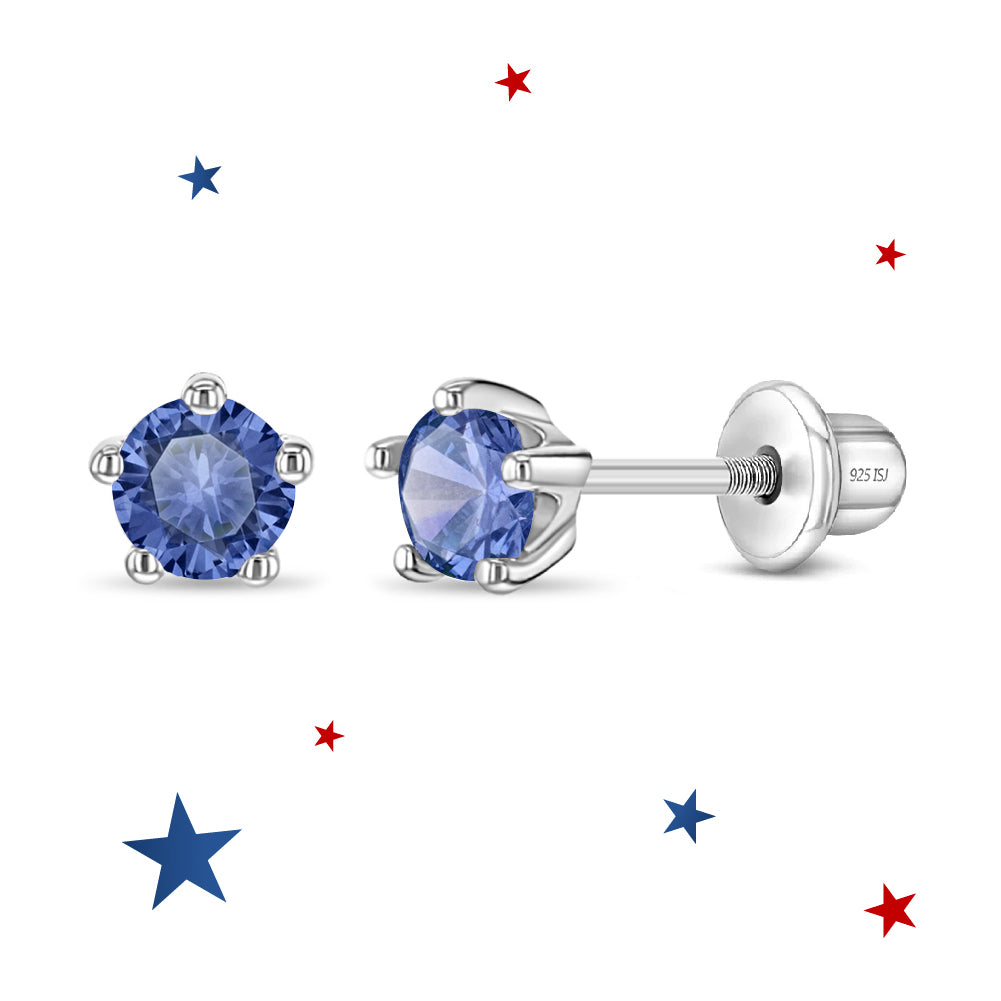 Classic CZ Birthstone Solitaire 4mm September Blue Sapphire Virgo Baby / Toddler / Kids Earrings Screw Back - Sterling Silver