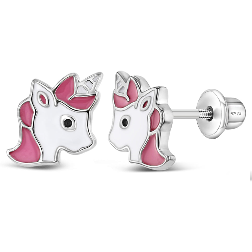 925 Sterling Silver Majestic Enamel Unicorn Safety Screw Back Earrings for Little Girls & Preteens