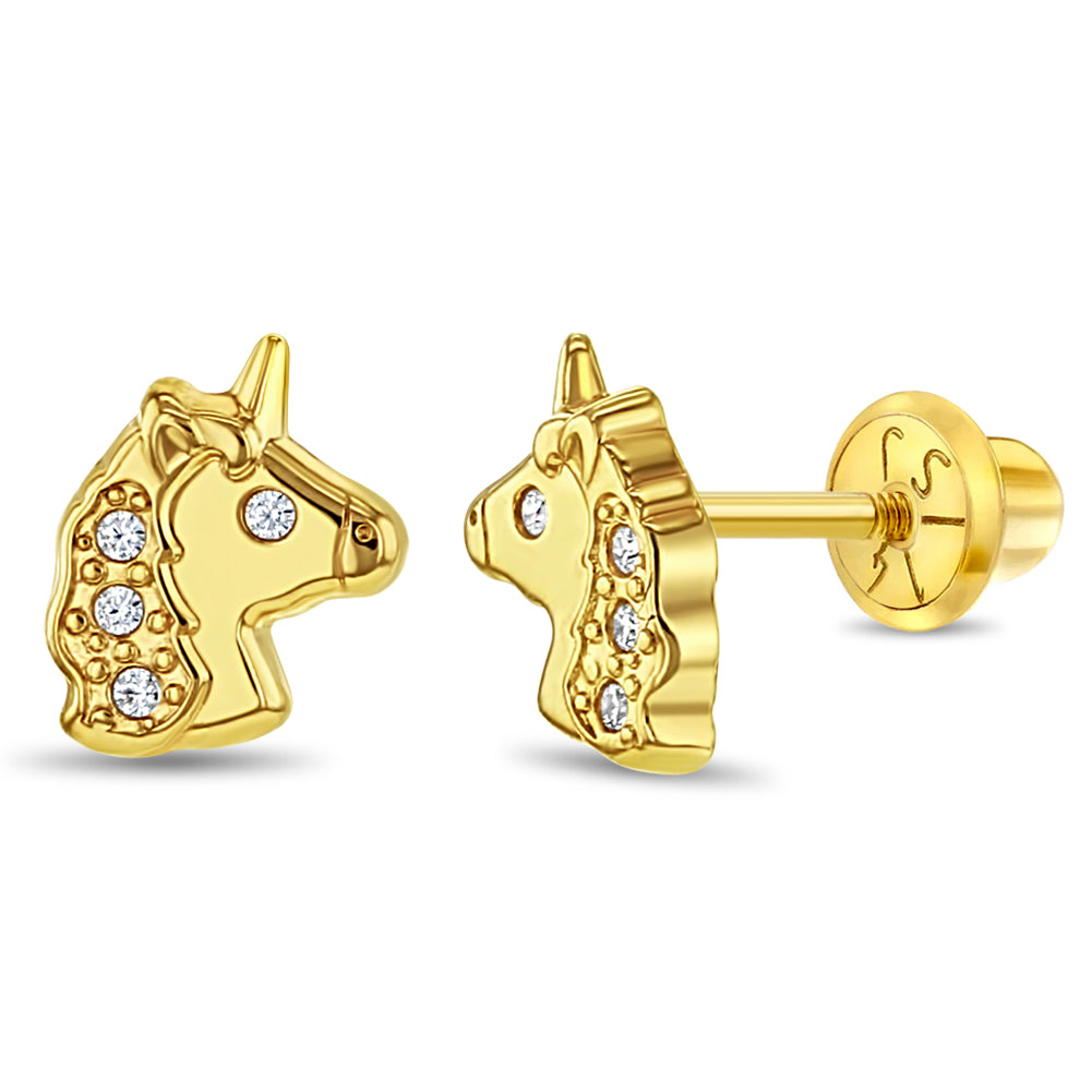 14k Gold Glimmering Unicorn Clear Toddler / Kids / Girls Earrings Safety Screw Back