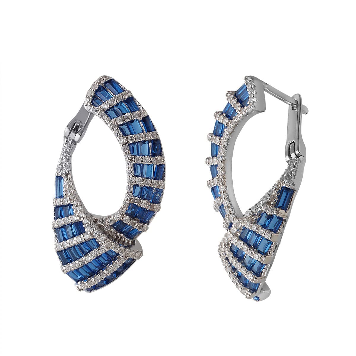 LustreCo 92.5 Pure Silver Earrings Blue Sapphire Buggette Round Shape CZ White Gold Color Earrings For Women & Girls