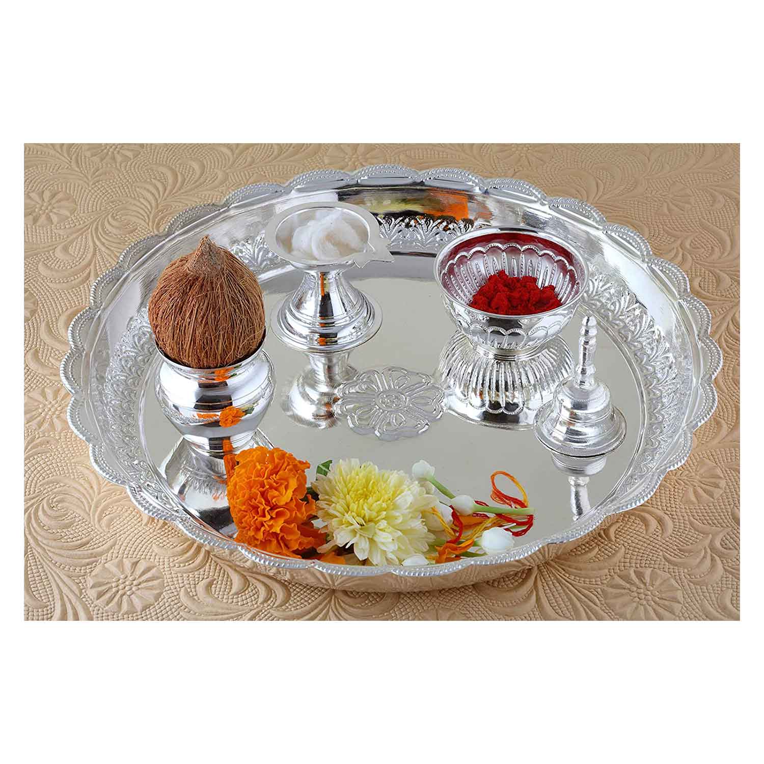 CaratCafe Pure Silver Puja Thali Set { Plate + Katori +Diya +Loti + Bell }