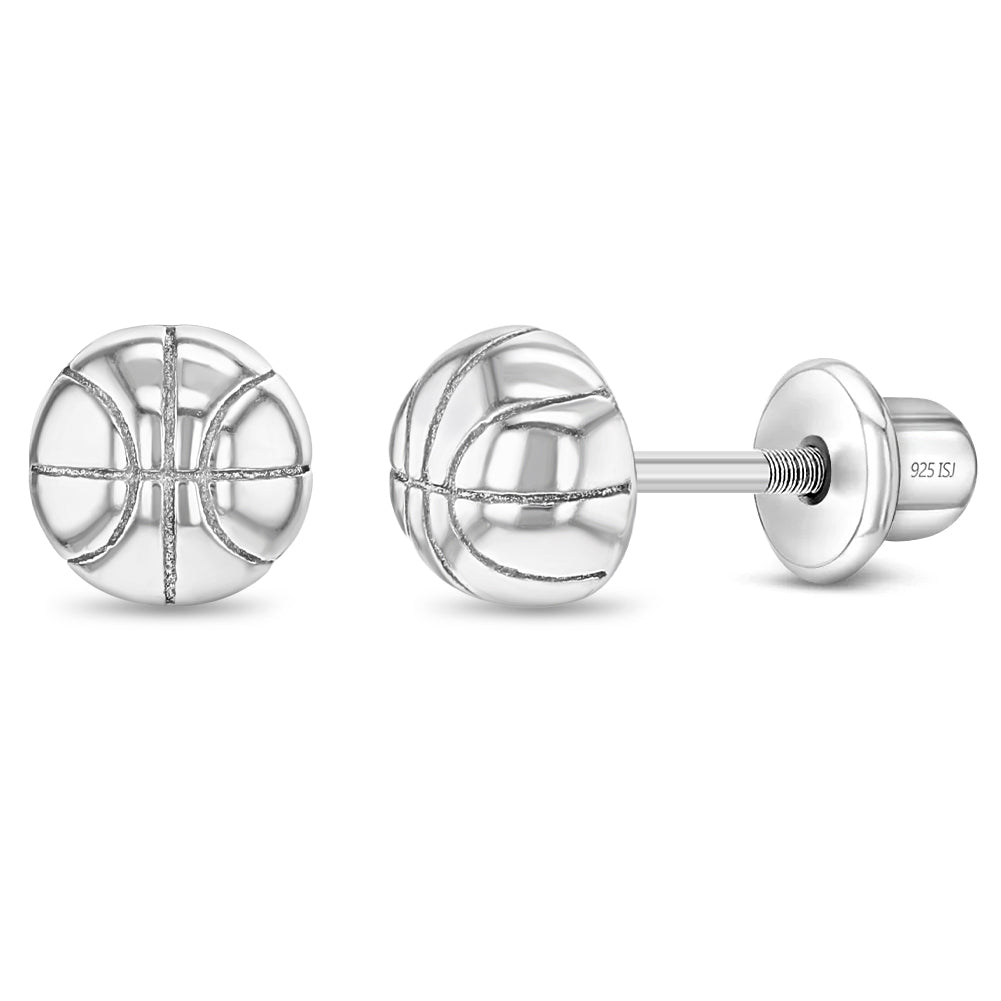 Polished Basketball Kids / Children's / Girls Earrings Screw Back - Sterling Silver