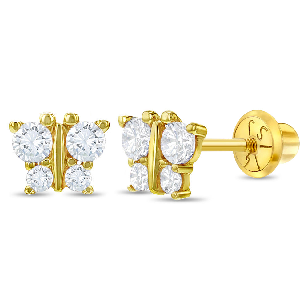 14k Gold Tiny CZ Butterfly Baby / Toddler / Kids Earrings Safety Screw Back