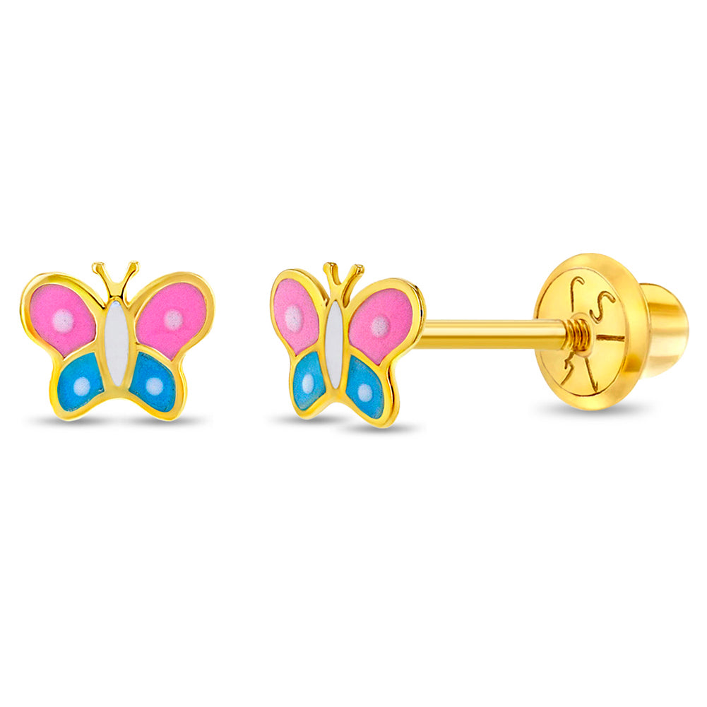 14k Gold Colorful Butterfly Baby / Toddler / Kids Earrings Safety Screw Back Enamel
