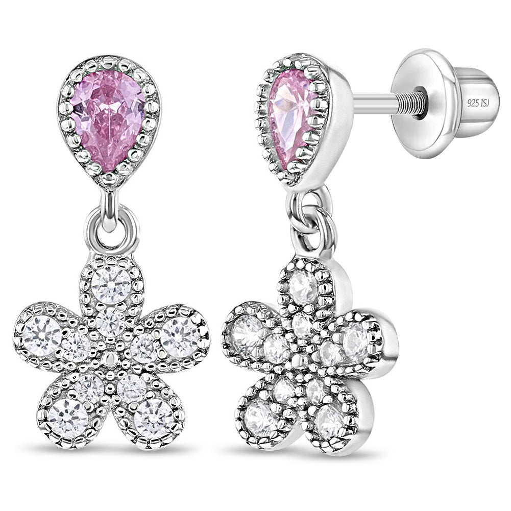 Groovy CZ Flower Dangle Kids / Children's / Girls Earrings Screw Back - Sterling Silver