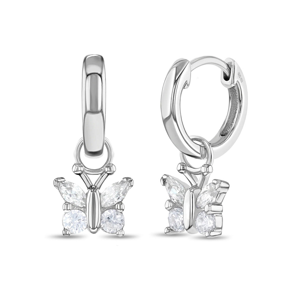 CZ Butterfly Dangle 9mm Kids / Children's / Girls Earrings Hoop/Huggie Safety Latch - Sterling Silver