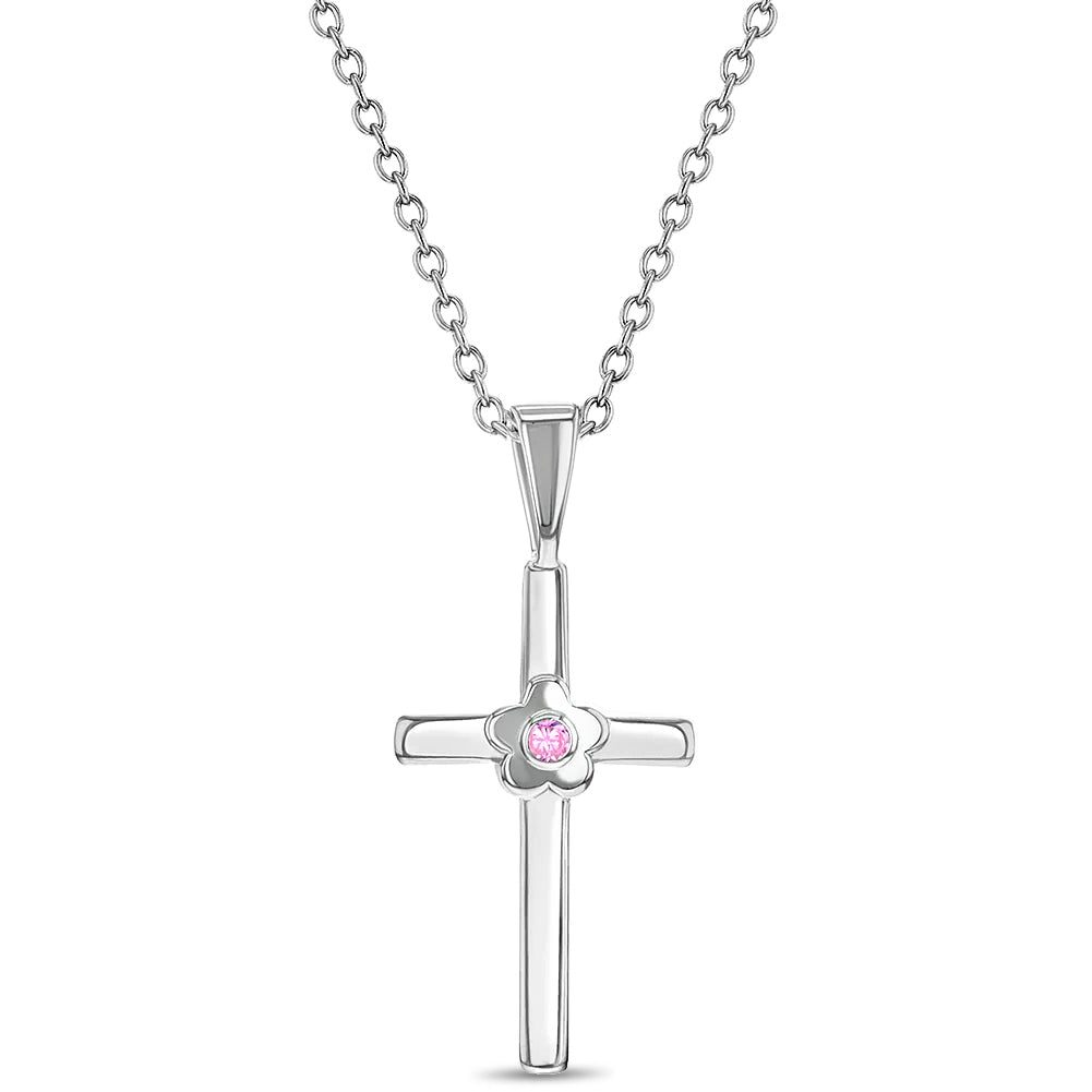 Flower CZ Cross Kids / Children's / Girls Pendant/Necklace - Sterling Silver