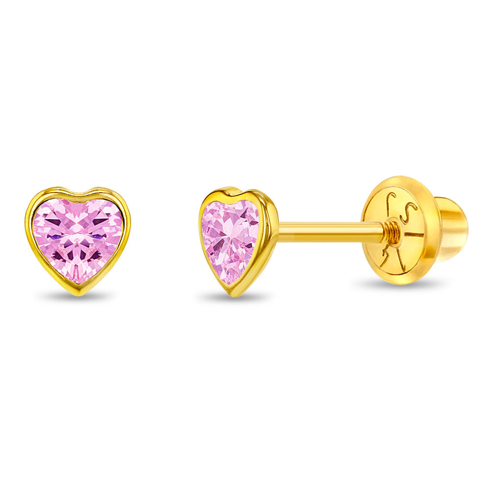 14k Gold Bezel CZ Heart Baby / Toddler / Kids Earrings Safety Screw Back