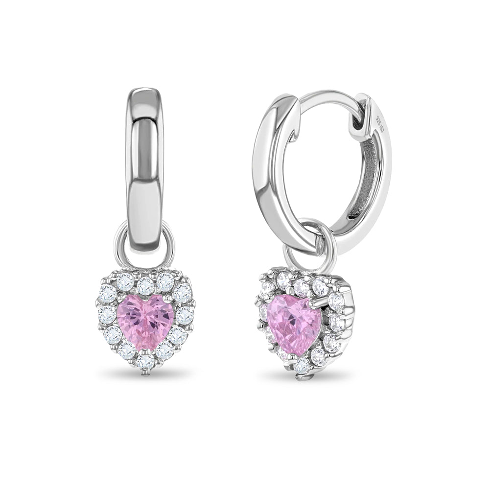 Stunning CZ Heart Dangle 9mm Kids / Children's / Girls Earrings Hoop/Huggie Safety Latch - Sterling Silver