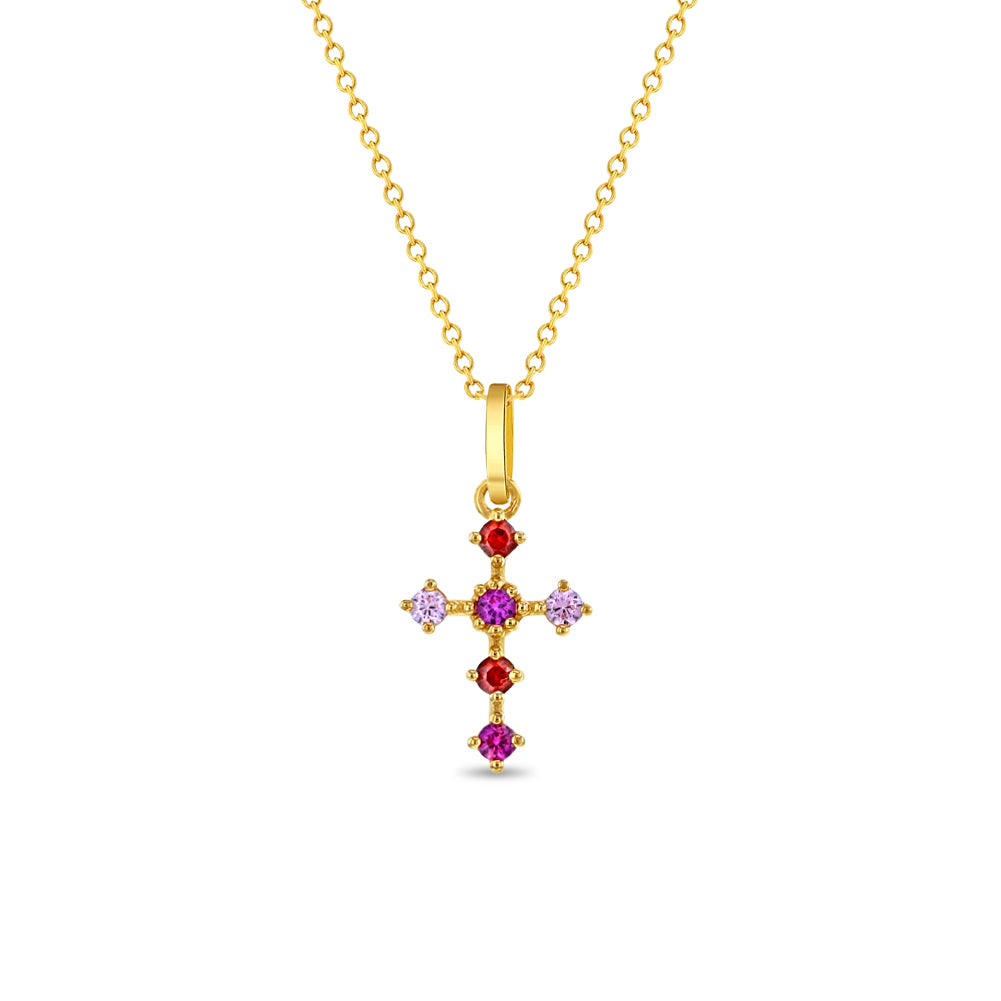 14k Gold Cross Fuchsia Cubic Zirconia Women's Pendant/Necklace 16