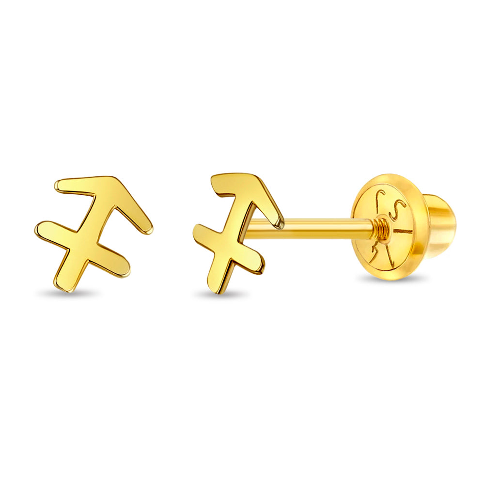 14k Gold Dainty Sagittarius Zodiac Baby / Toddler / Kids Earrings Safety Screw Back